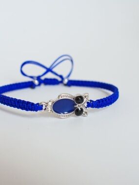 Owl Bracelet with Silver Accent Blue Macramé Cord